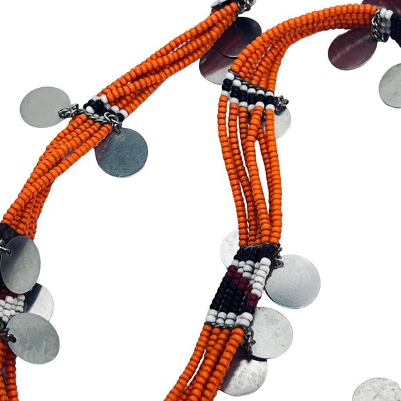 Multi Strand Orange, Black & White Seed Bead Necklace W/Dangling Circles (5468) - Picture 7 of 7